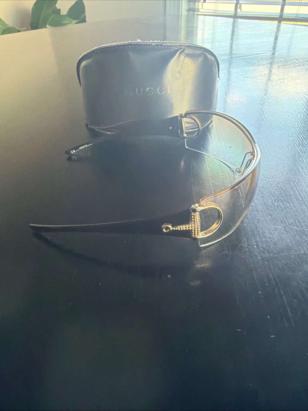 Gucci Gold Rimless Shield Sunglasses with Brown Lenses - Picture 2 of 9